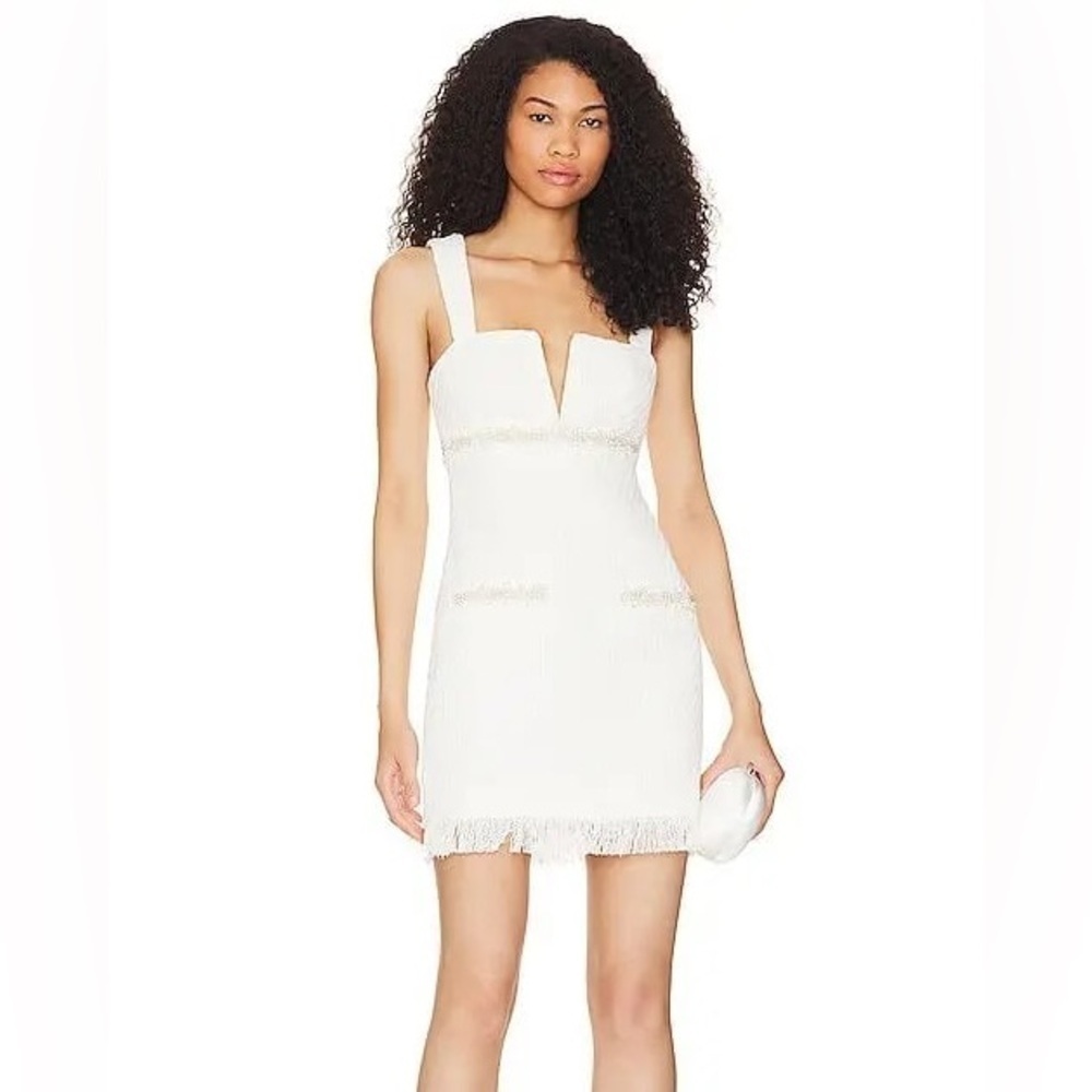 NWT MAJORELLE Tricia White Sleeveless V-Neck Pearl Beaded Tweed Mini Dress Sz M